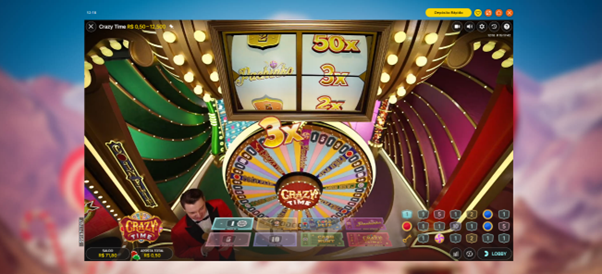 Top Slot e roda da fortuna girando no Crazy Time ao Vivo.